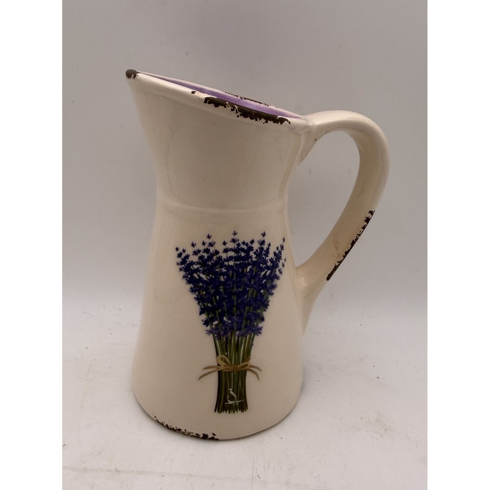 Lavender Floral Ceramic Pitcher Vase Purple Interior Distressed Farmhouse Decor